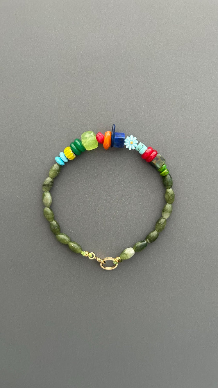 Handmade Green Jade Beaded Bracelet, Boho Jade Bracelet, Colorful Gemstone Bracelet, 18k Gold plated Toggle Clasp Jewelry, Gift for Her