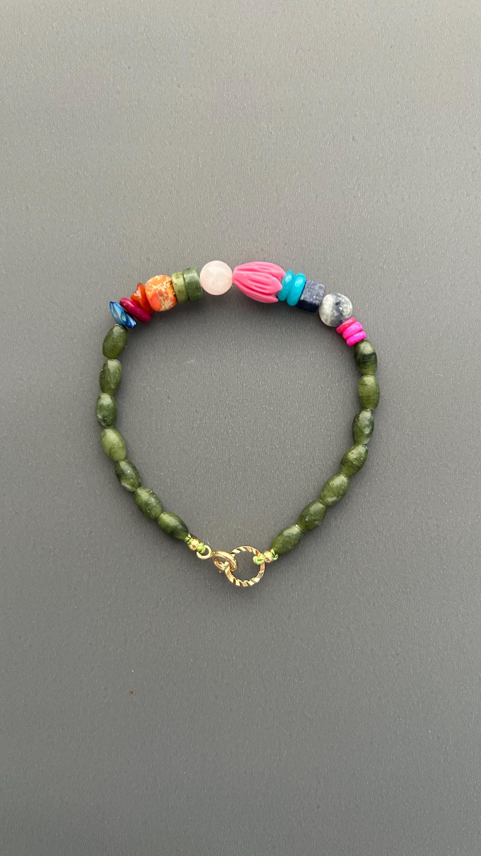 Green Jade Gemstone Beaded Bracelet, Colorful Boho Bracelet, Natural Stone Jewelry, Stacking Bracelet, Gift for Her, Everyday Bracelet