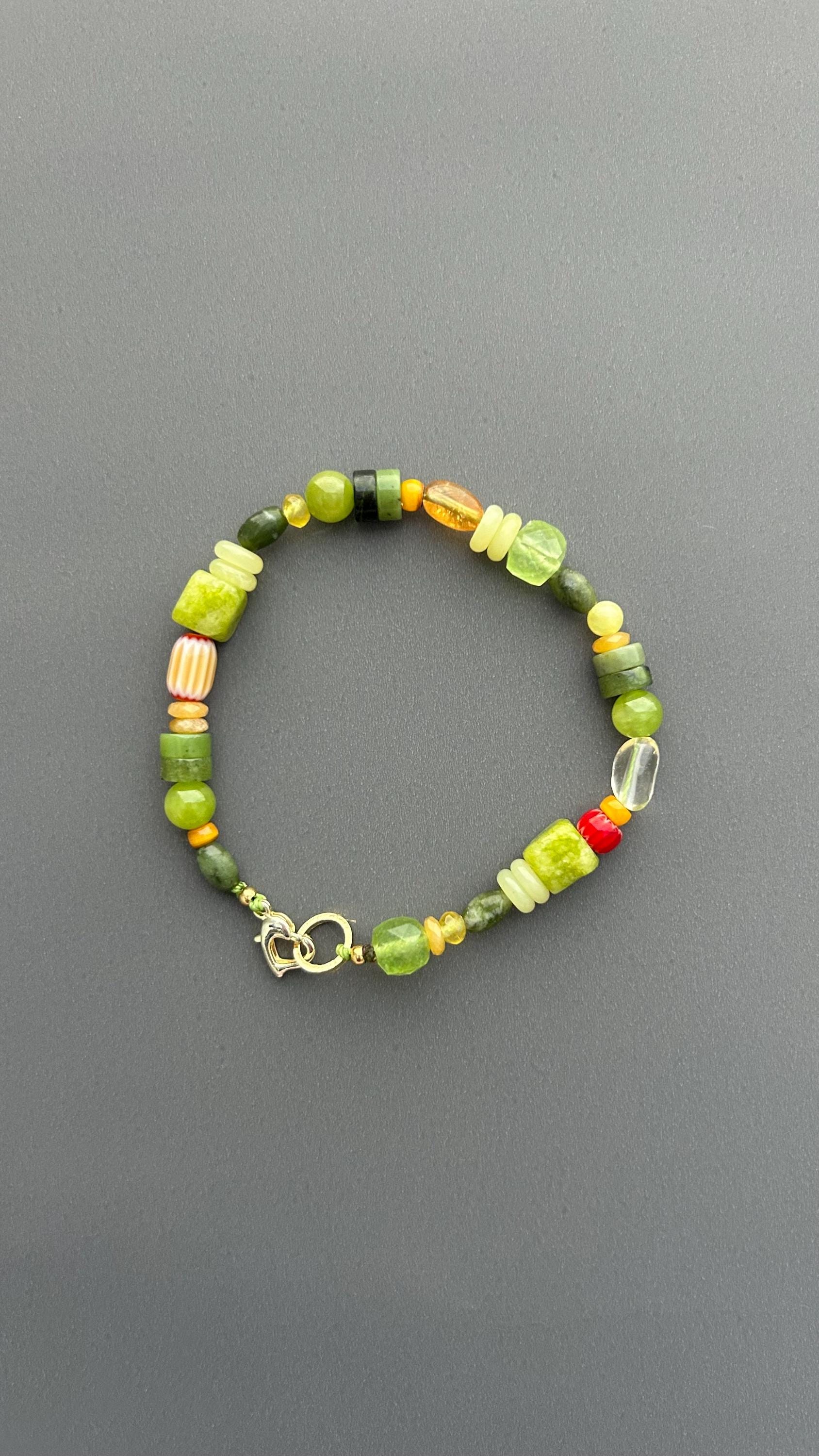 Natural Green Jade Bracelet, Chalcedony & Canadian Jade Bracelet, Southern Jade, Citrine Glass Beads, Handmade Gemstone Jewelry