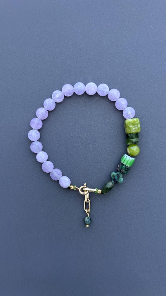 Violet Lavender Jade & Green Gemstone Bracelet, Handmade Beaded Bracelet, 18K Gold Plated Toggle Clasp, Boho Crystal Gift for Her