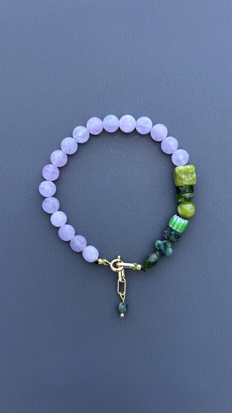 Violet Lavender Jade & Green Gemstone Bracelet, Handmade Beaded Bracelet, 18K Gold Plated Toggle Clasp, Boho Crystal Gift for Her