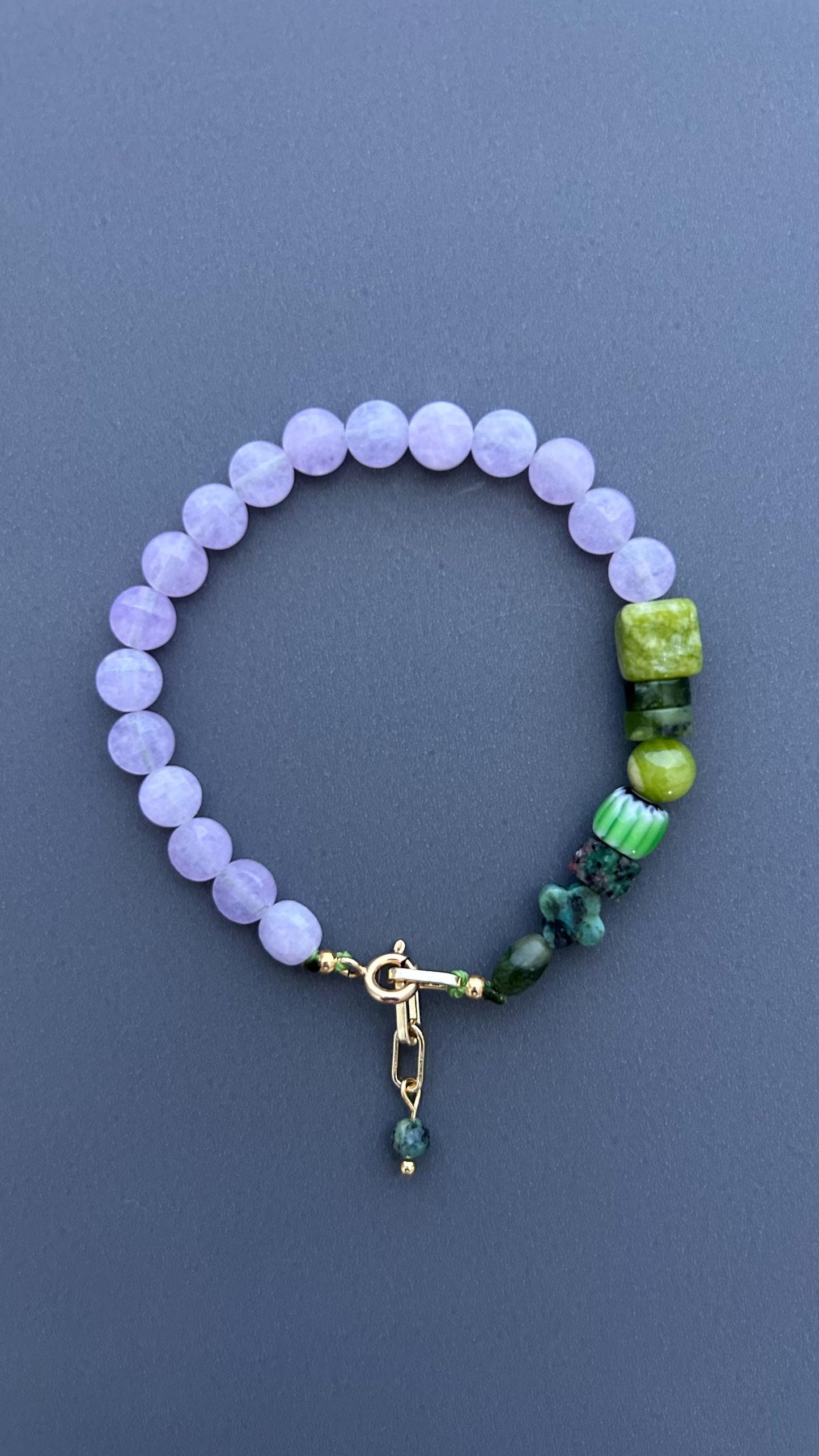 Violet Lavender Jade & Green Gemstone Bracelet, Handmade Beaded Bracelet, 18K Gold Plated Toggle Clasp, Boho Crystal Gift for Her