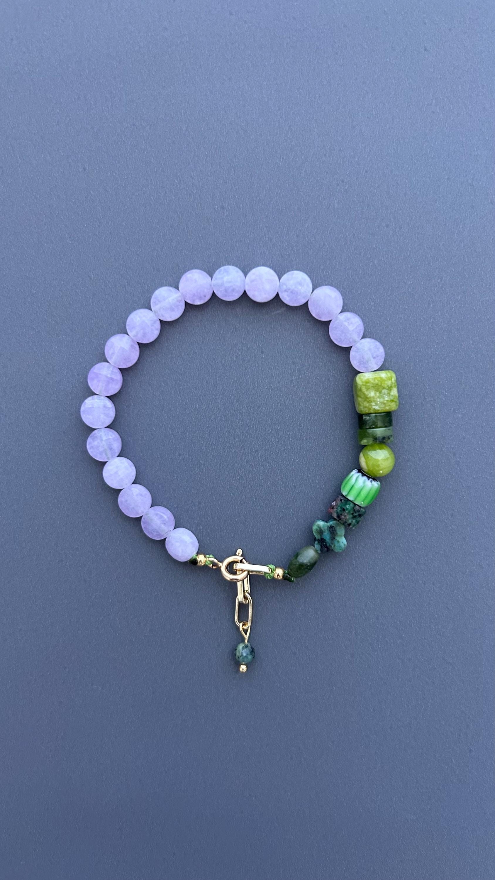 Violet Lavender Jade & Green Gemstone Bracelet, Handmade Beaded Bracelet, 18K Gold Plated Toggle Clasp, Boho Crystal Gift for Her