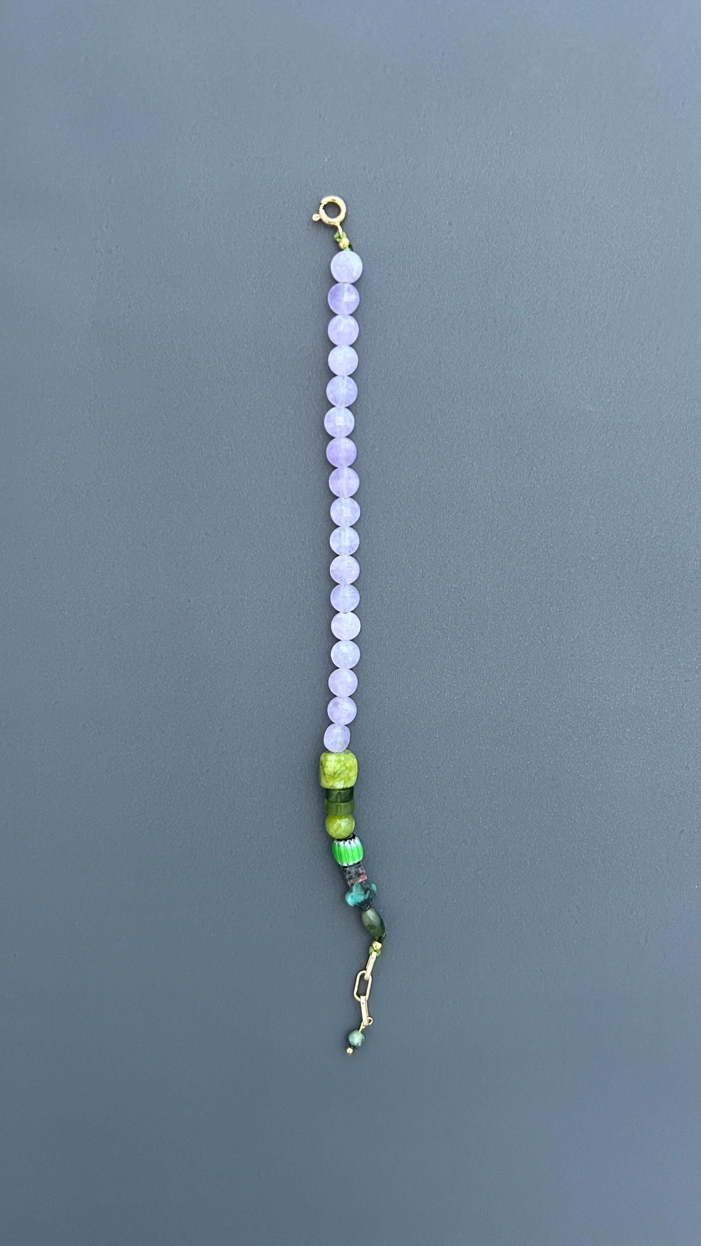 Violet Lavender Jade & Green Gemstone Bracelet, Handmade Beaded Bracelet, 18K Gold Plated Toggle Clasp, Boho Crystal Gift for Her