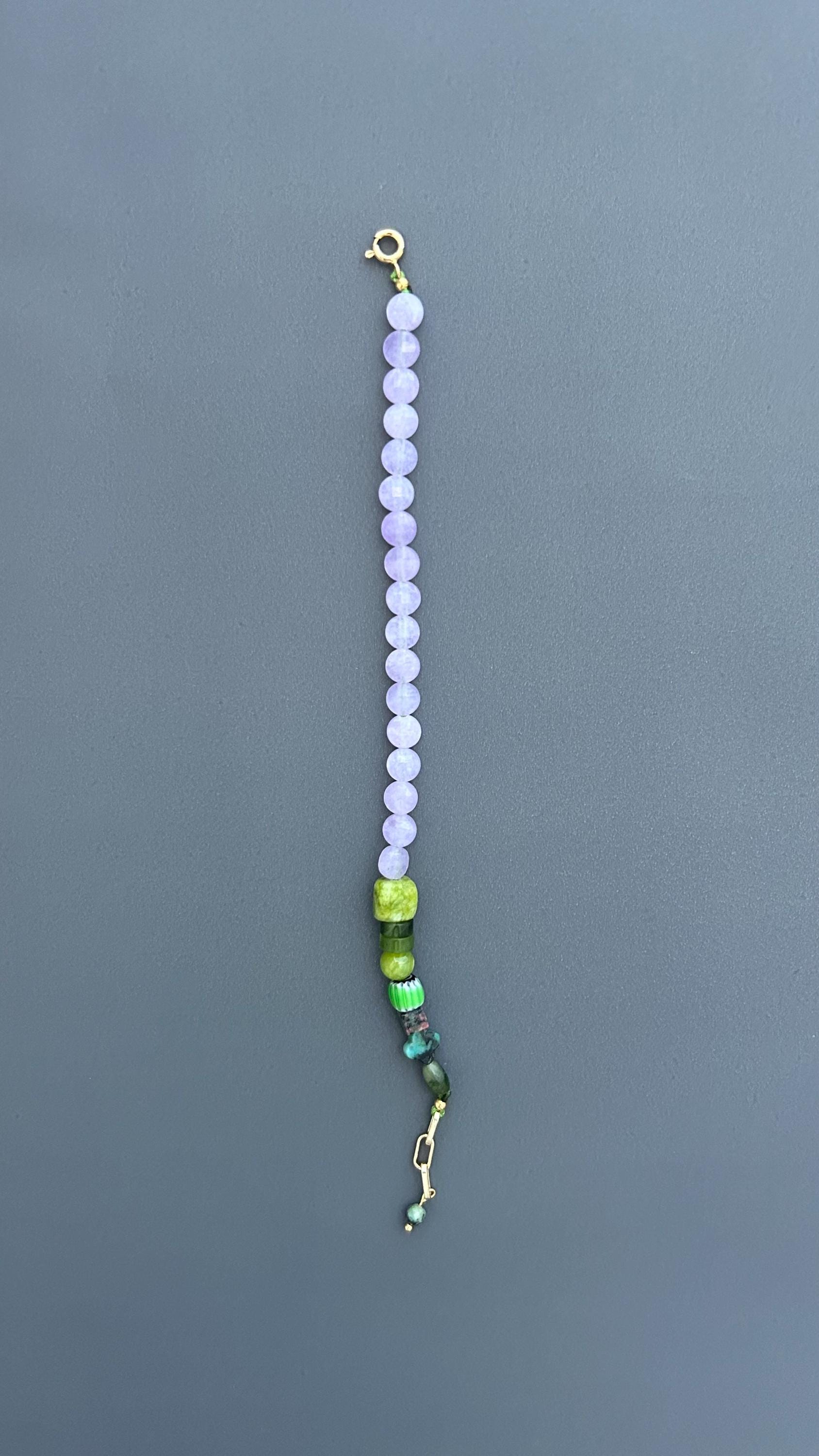 Violet Lavender Jade & Green Gemstone Bracelet, Handmade Beaded Bracelet, 18K Gold Plated Toggle Clasp, Boho Crystal Gift for Her