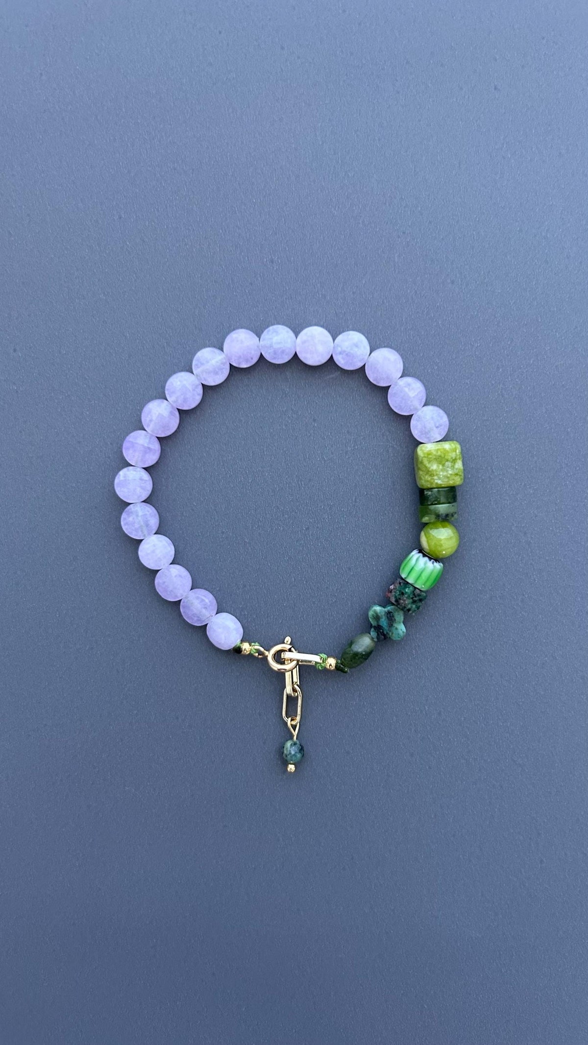 Violet Lavender Jade & Green Gemstone Bracelet, Handmade Beaded Bracelet, 18K Gold Plated Toggle Clasp, Boho Crystal Gift for Her