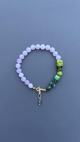 Violet Lavender Jade & Green Gemstone Bracelet, Handmade Beaded Bracelet, 18K Gold Plated Toggle Clasp, Boho Crystal Gift for Her