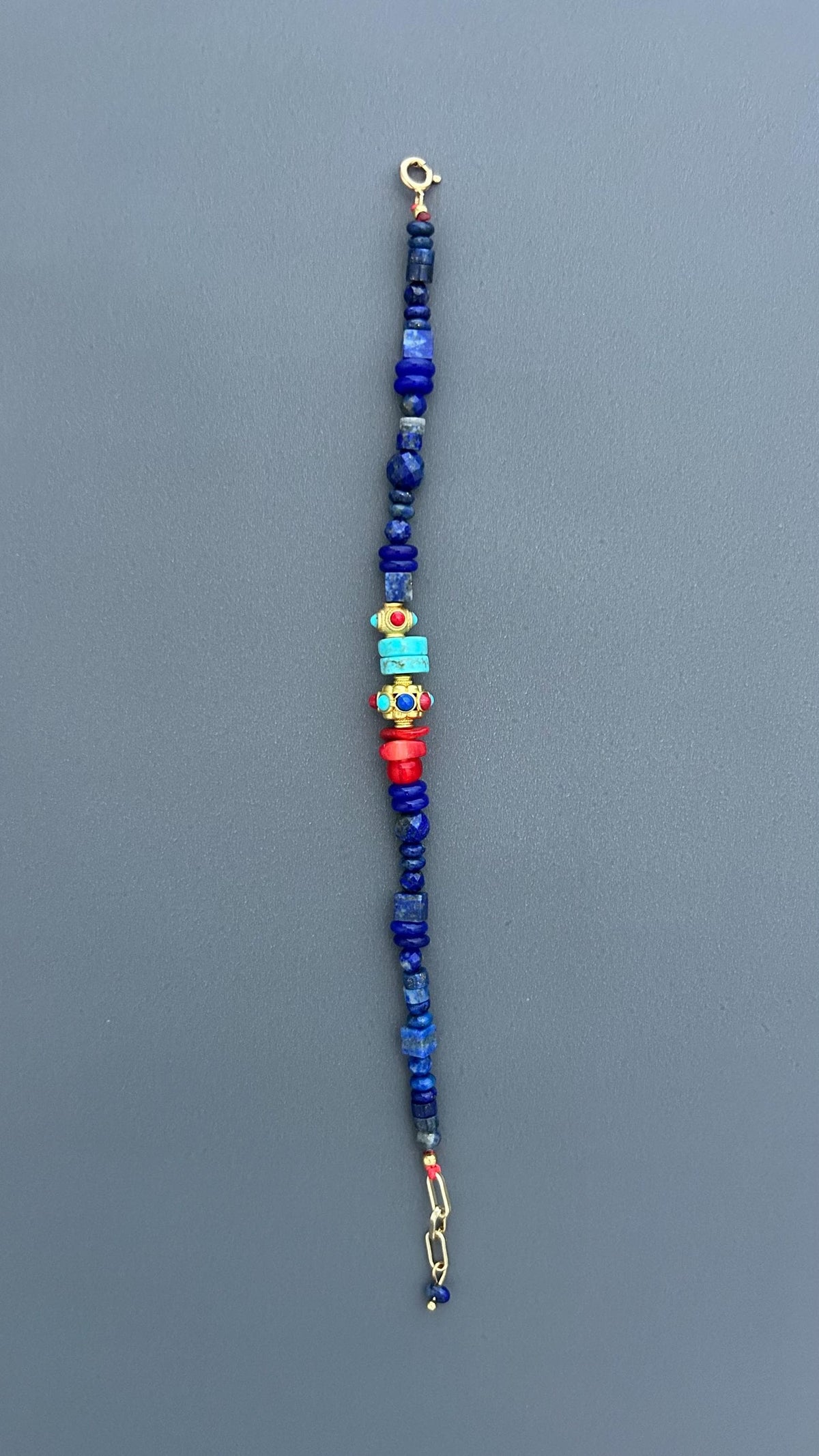 Lapis Lazuli Bracelet with Turquoise and Red Coral | Bohemian Beaded Gemstone Jewelry | Handmade Tibetan Style Ethnic Tribal Clasp Cuff