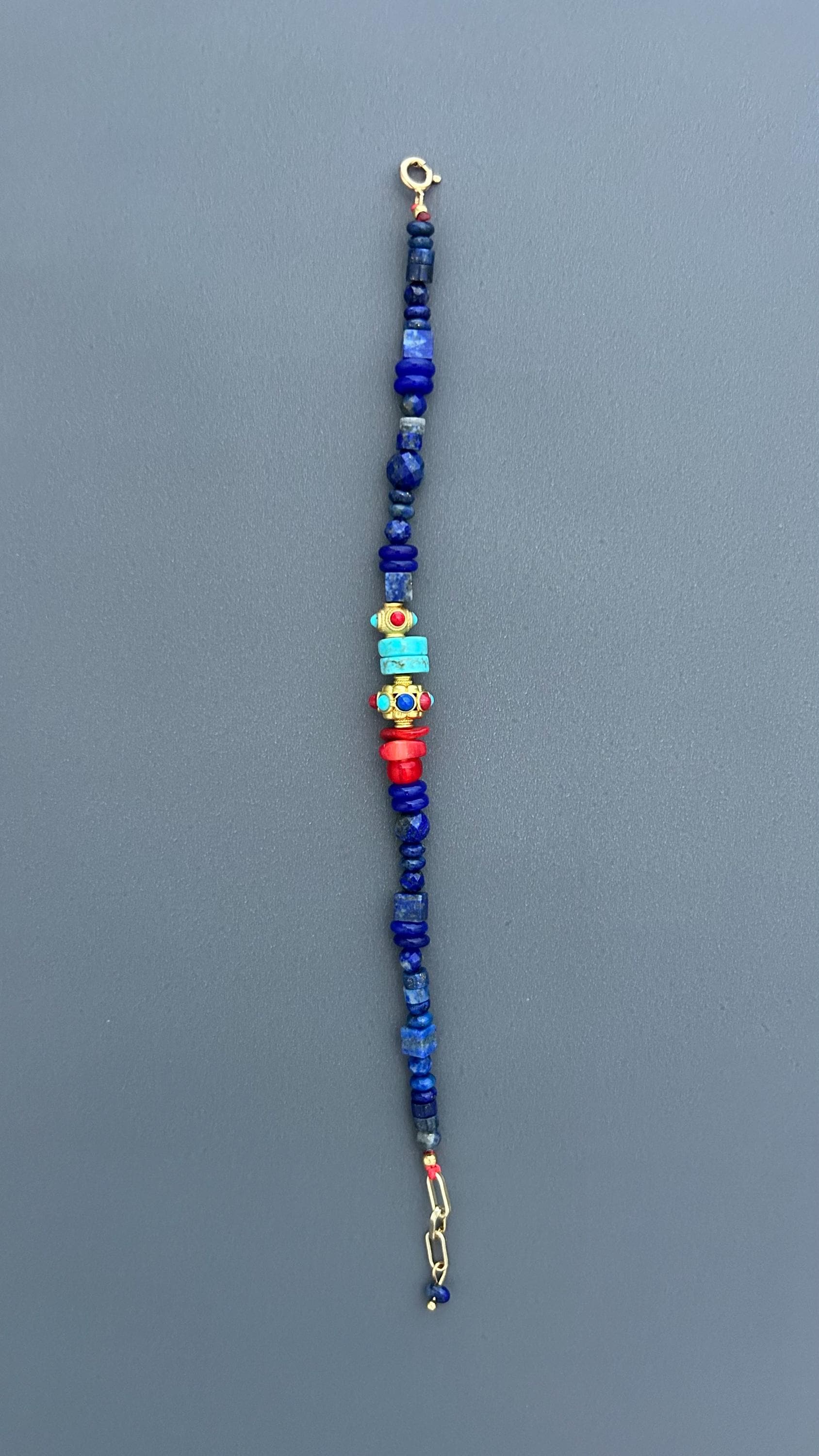Lapis Lazuli Bracelet with Turquoise and Red Coral | Bohemian Beaded Gemstone Jewelry | Handmade Tibetan Style Ethnic Tribal Clasp Cuff