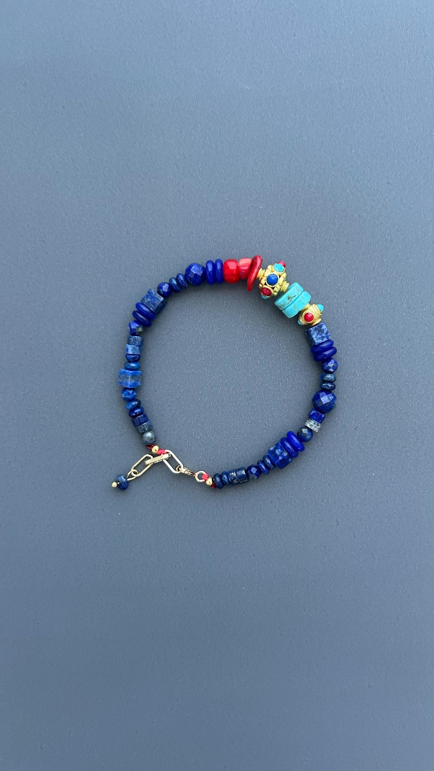 Lapis Lazuli Bracelet with Turquoise and Red Coral | Bohemian Beaded Gemstone Jewelry | Handmade Tibetan Style Ethnic Tribal Clasp Cuff