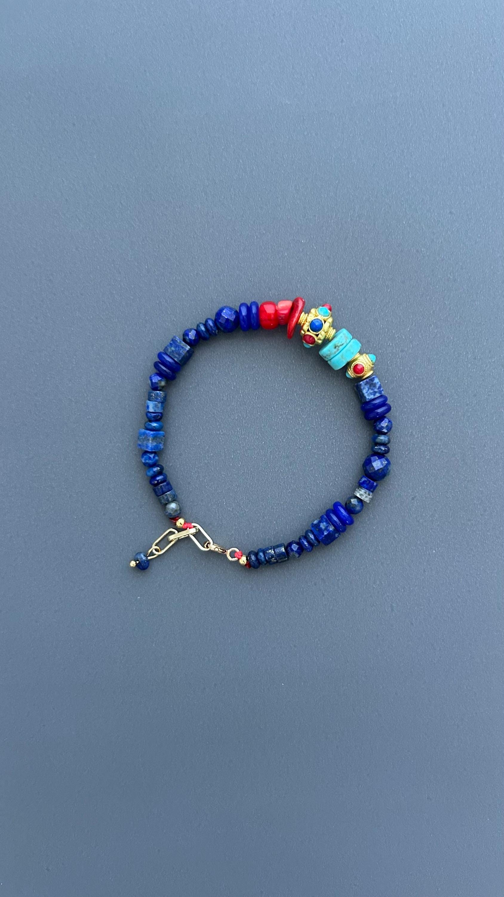 Lapis Lazuli Bracelet with Turquoise and Red Coral | Bohemian Beaded Gemstone Jewelry | Handmade Tibetan Style Ethnic Tribal Clasp Cuff