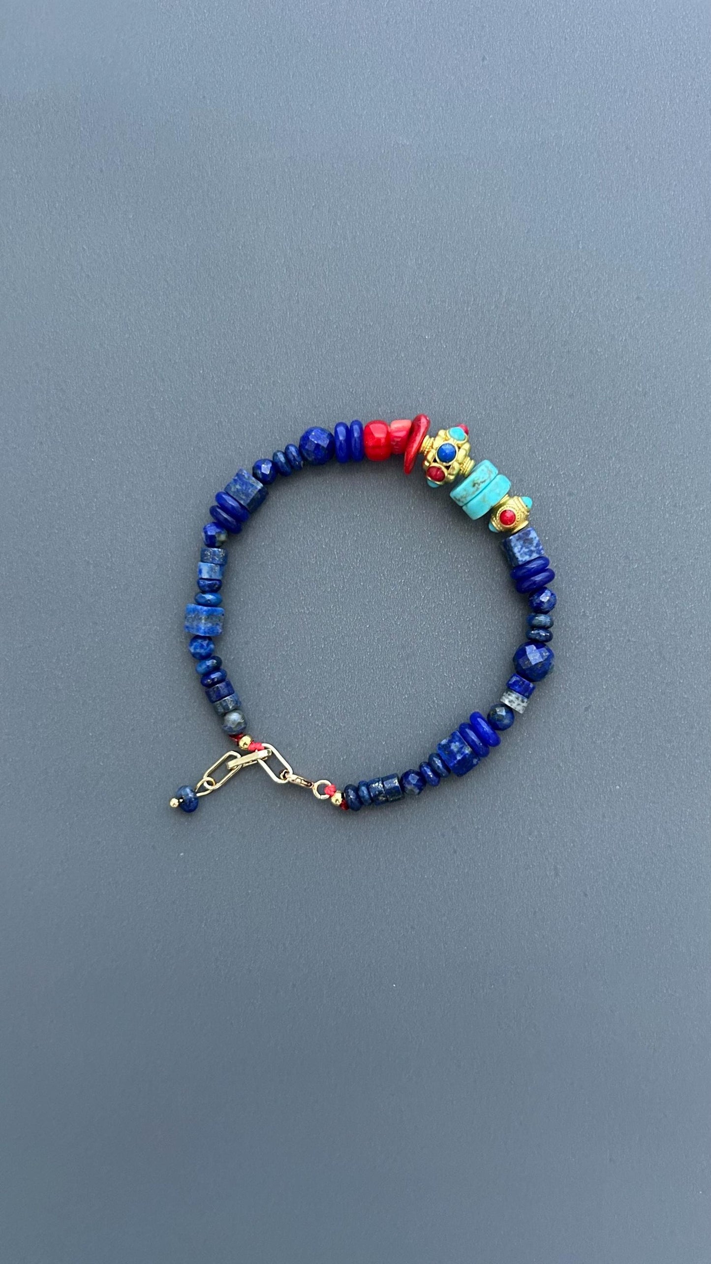 Lapis Lazuli Bracelet with Turquoise and Red Coral | Bohemian Beaded Gemstone Jewelry | Handmade Tibetan Style Ethnic Tribal Clasp Cuff