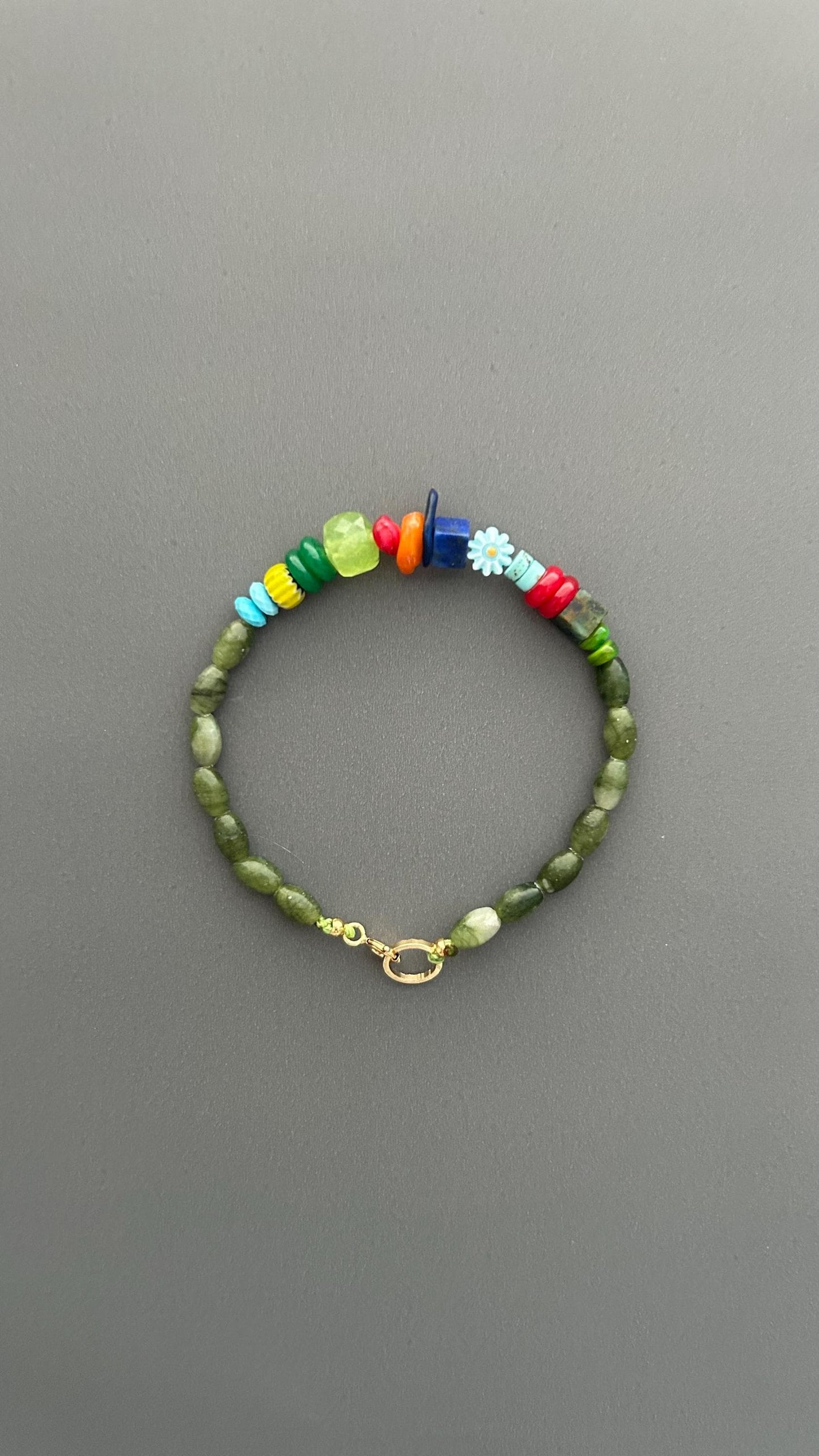 Handmade Green Jade Beaded Bracelet, Boho Jade Bracelet, Colorful Gemstone Bracelet, 18k Gold plated Toggle Clasp Jewelry, Gift for Her