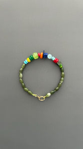 Handmade Green Jade Beaded Bracelet, Boho Jade Bracelet, Colorful Gemstone Bracelet, 18k Gold plated Toggle Clasp Jewelry, Gift for Her