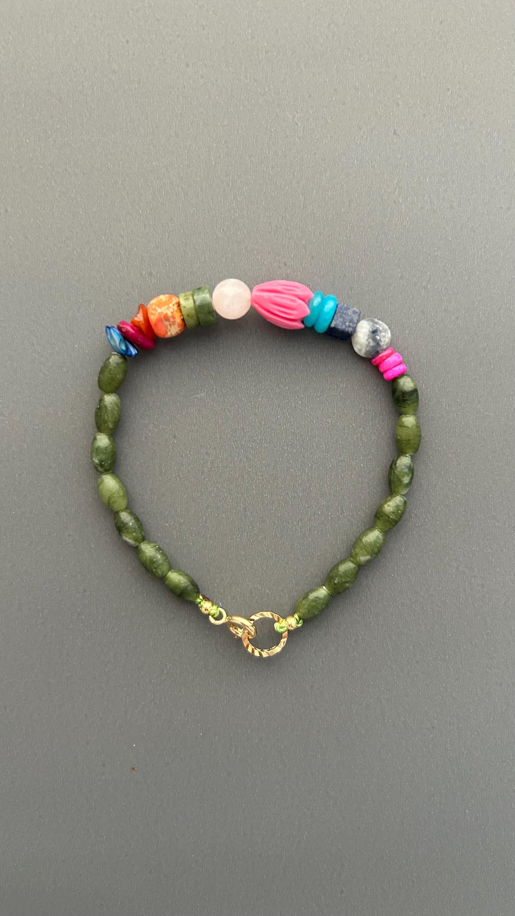 Green Jade Gemstone Beaded Bracelet, Colorful Boho Bracelet, Natural Stone Jewelry, Stacking Bracelet, Gift for Her, Everyday Bracelet