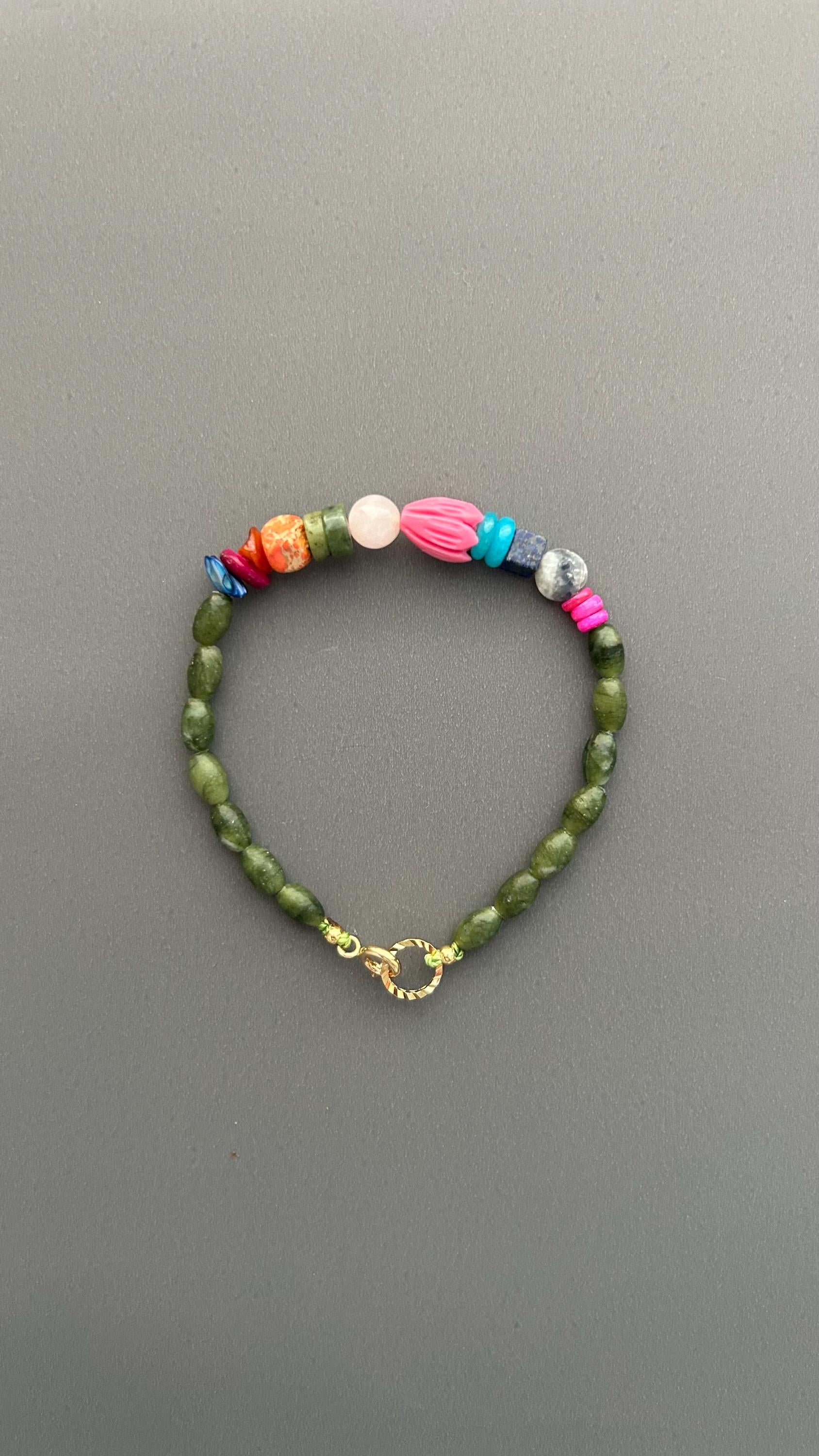 Green Jade Gemstone Beaded Bracelet, Colorful Boho Bracelet, Natural Stone Jewelry, Stacking Bracelet, Gift for Her, Everyday Bracelet
