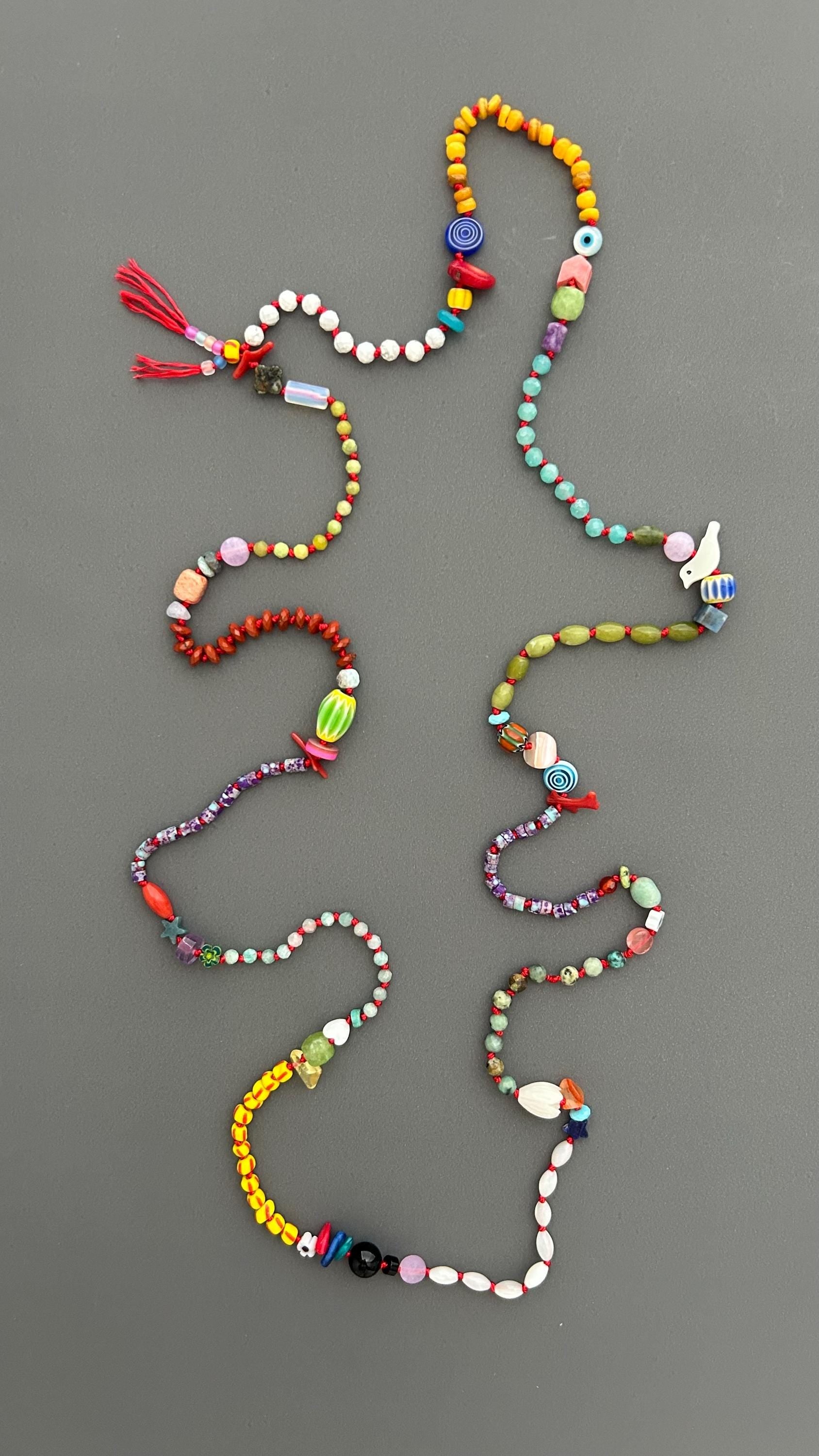 Saturar Colorful Handmade Beaded Necklace, Boho Statement Necklace, Eclectic Artisan Jewelry, Long Multicolor Necklace, Gift for Her