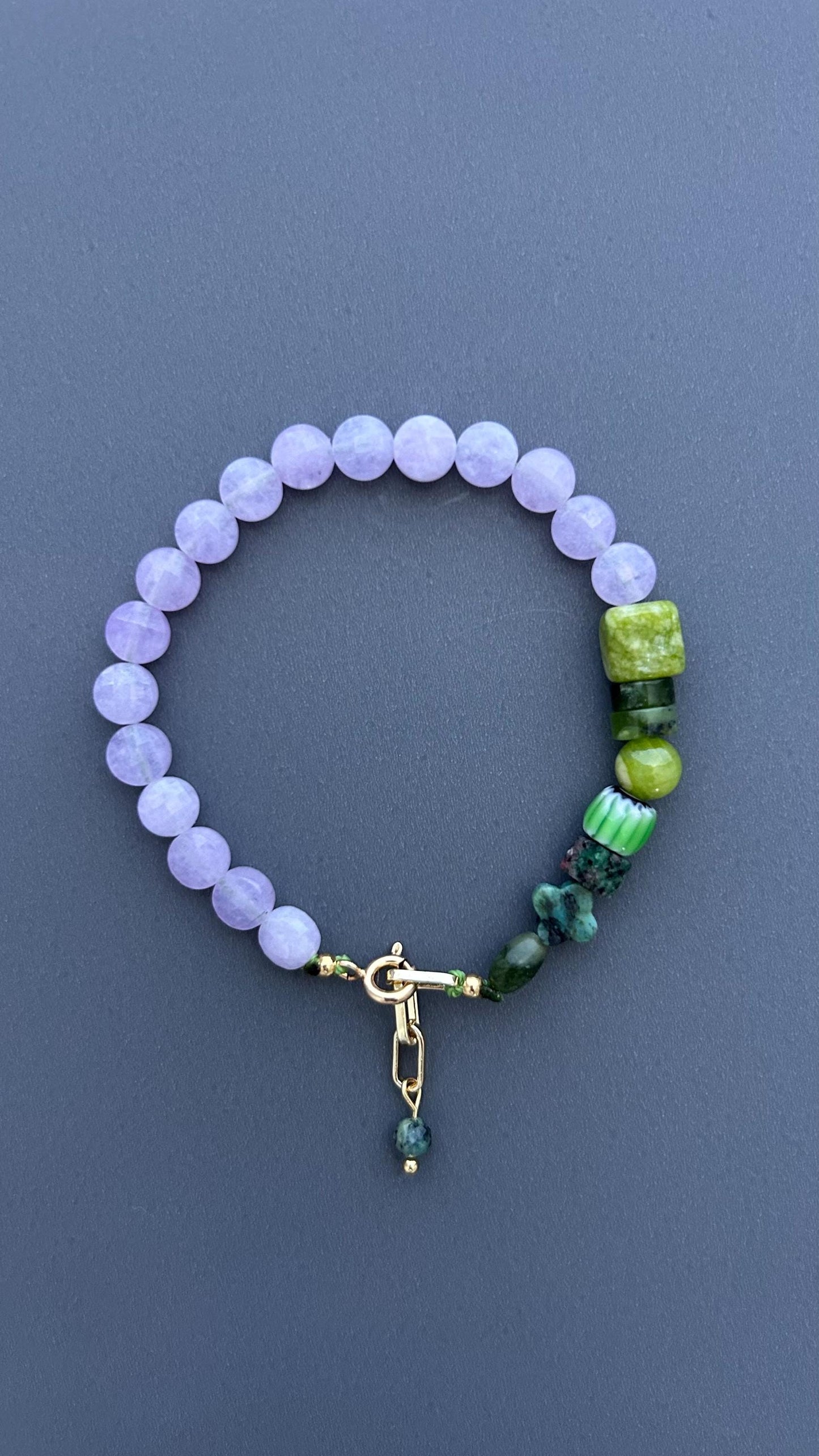 Violet Lavender Jade & Green Gemstone Bracelet, Handmade Beaded Bracelet, 18K Gold Plated Toggle Clasp, Boho Crystal Gift for Her