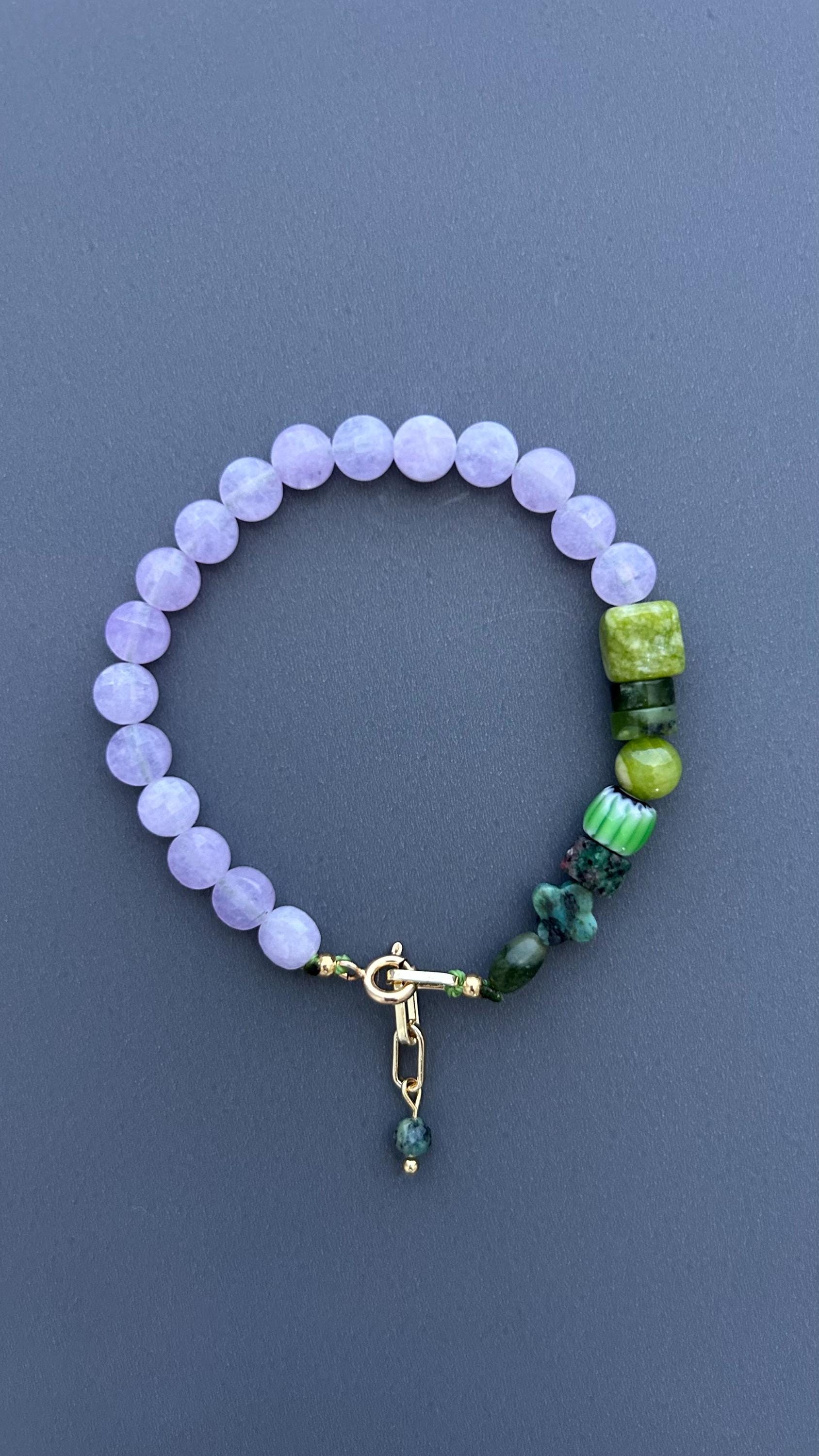 Violet Lavender Jade & Green Gemstone Bracelet, Handmade Beaded Bracelet, 18K Gold Plated Toggle Clasp, Boho Crystal Gift for Her