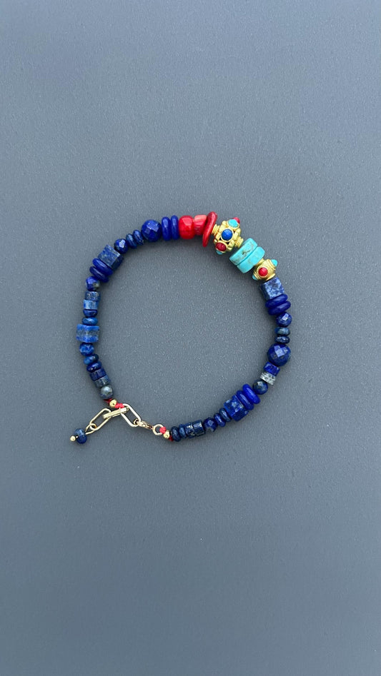 Lapis Lazuli Bracelet with Turquoise and Red Coral | Bohemian Beaded Gemstone Jewelry | Handmade Tibetan Style Ethnic Tribal Clasp Cuff