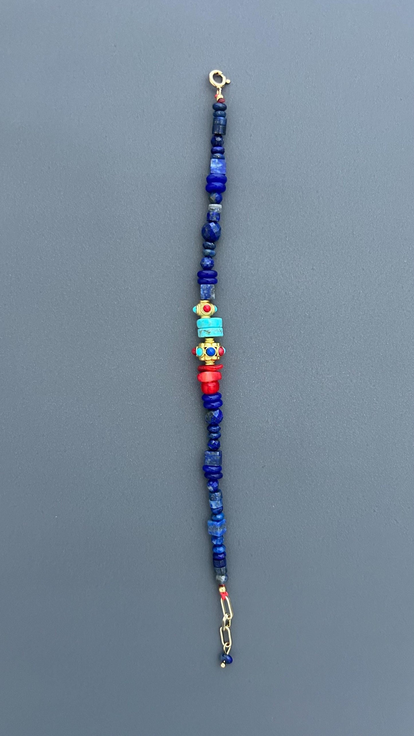 Lapis Lazuli Bracelet with Turquoise and Red Coral | Bohemian Beaded Gemstone Jewelry | Handmade Tibetan Style Ethnic Tribal Clasp Cuff