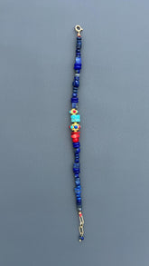 Lapis Lazuli Bracelet with Turquoise and Red Coral | Bohemian Beaded Gemstone Jewelry | Handmade Tibetan Style Ethnic Tribal Clasp Cuff