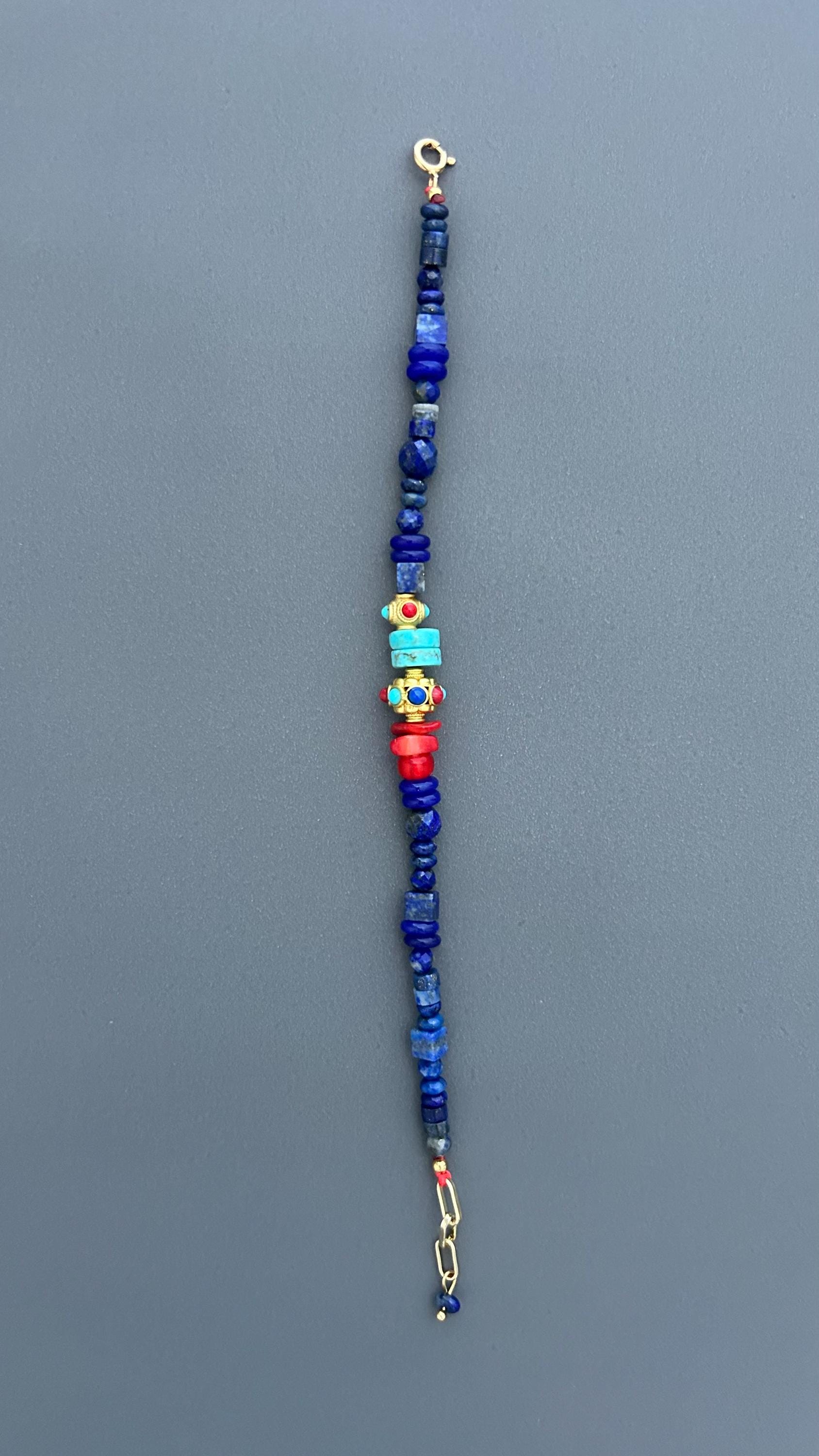 Lapis Lazuli Bracelet with Turquoise and Red Coral | Bohemian Beaded Gemstone Jewelry | Handmade Tibetan Style Ethnic Tribal Clasp Cuff