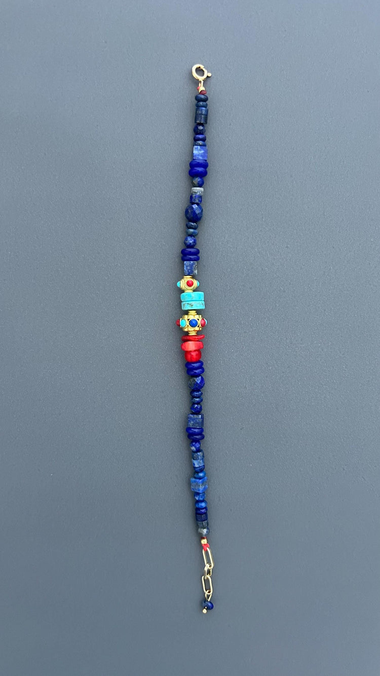 Lapis Lazuli Bracelet with Turquoise and Red Coral | Bohemian Beaded Gemstone Jewelry | Handmade Tibetan Style Ethnic Tribal Clasp Cuff