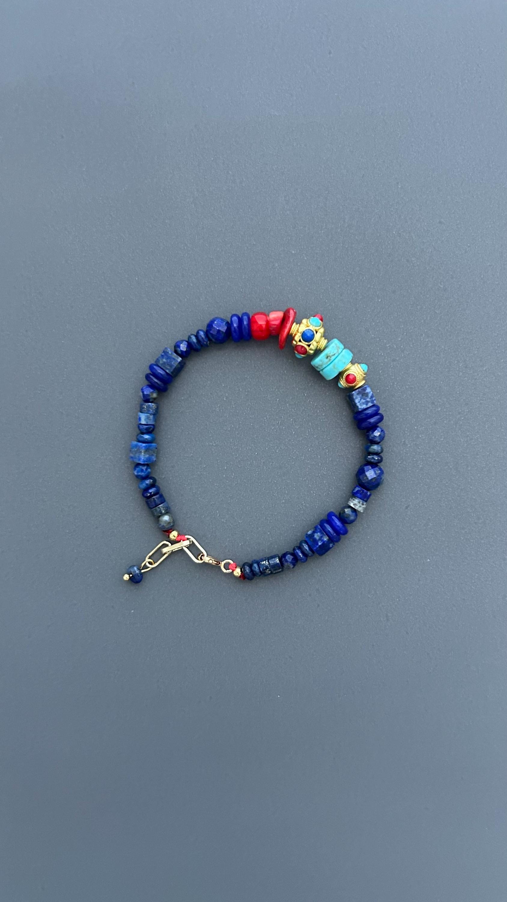 Lapis Lazuli Bracelet with Turquoise and Red Coral | Bohemian Beaded Gemstone Jewelry | Handmade Tibetan Style Ethnic Tribal Clasp Cuff