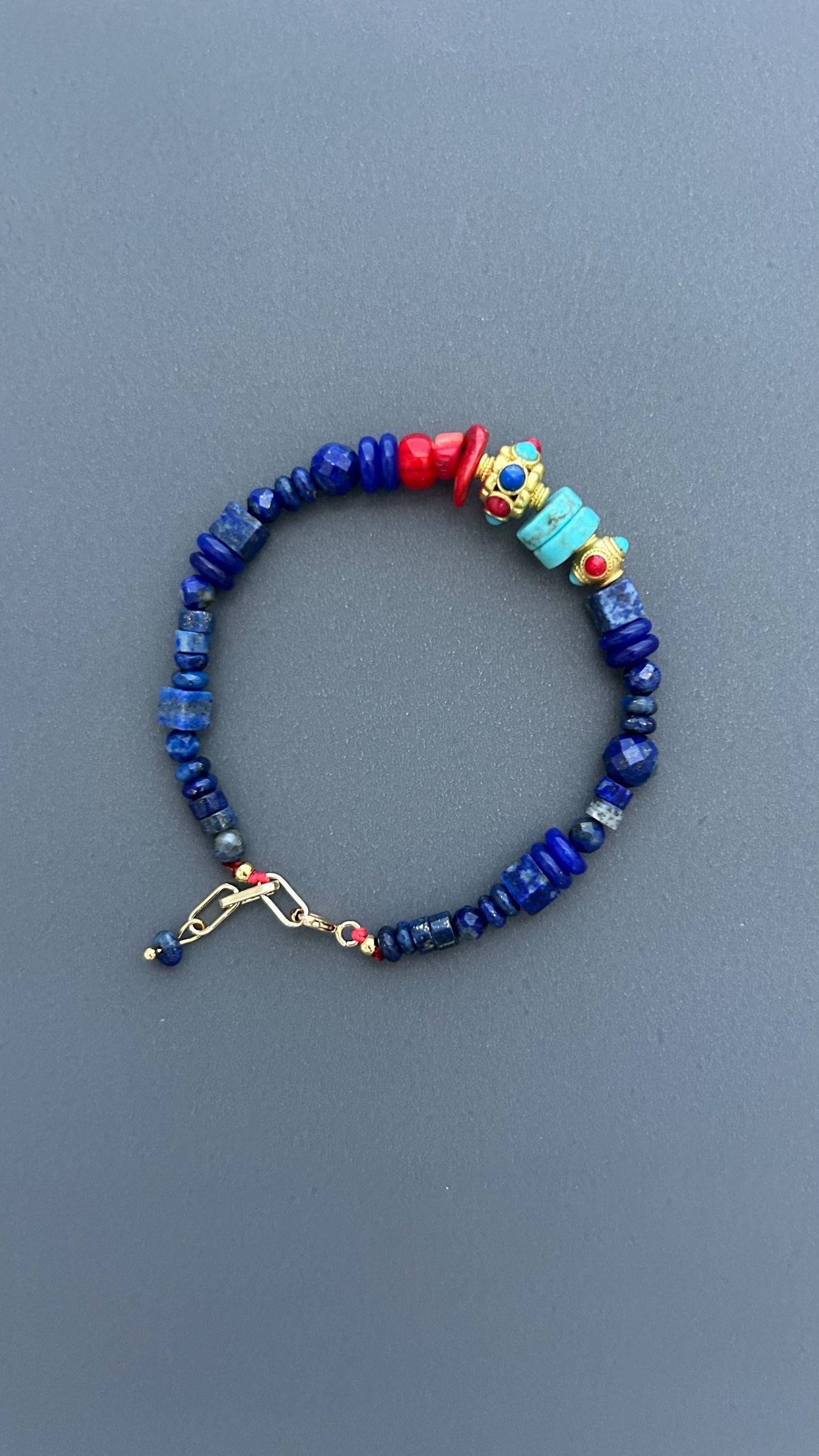 Lapis Lazuli Bracelet with Turquoise and Red Coral | Bohemian Beaded Gemstone Jewelry | Handmade Tibetan Style Ethnic Tribal Clasp Cuff