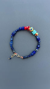 Lapis Lazuli Bracelet with Turquoise and Red Coral | Bohemian Beaded Gemstone Jewelry | Handmade Tibetan Style Ethnic Tribal Clasp Cuff