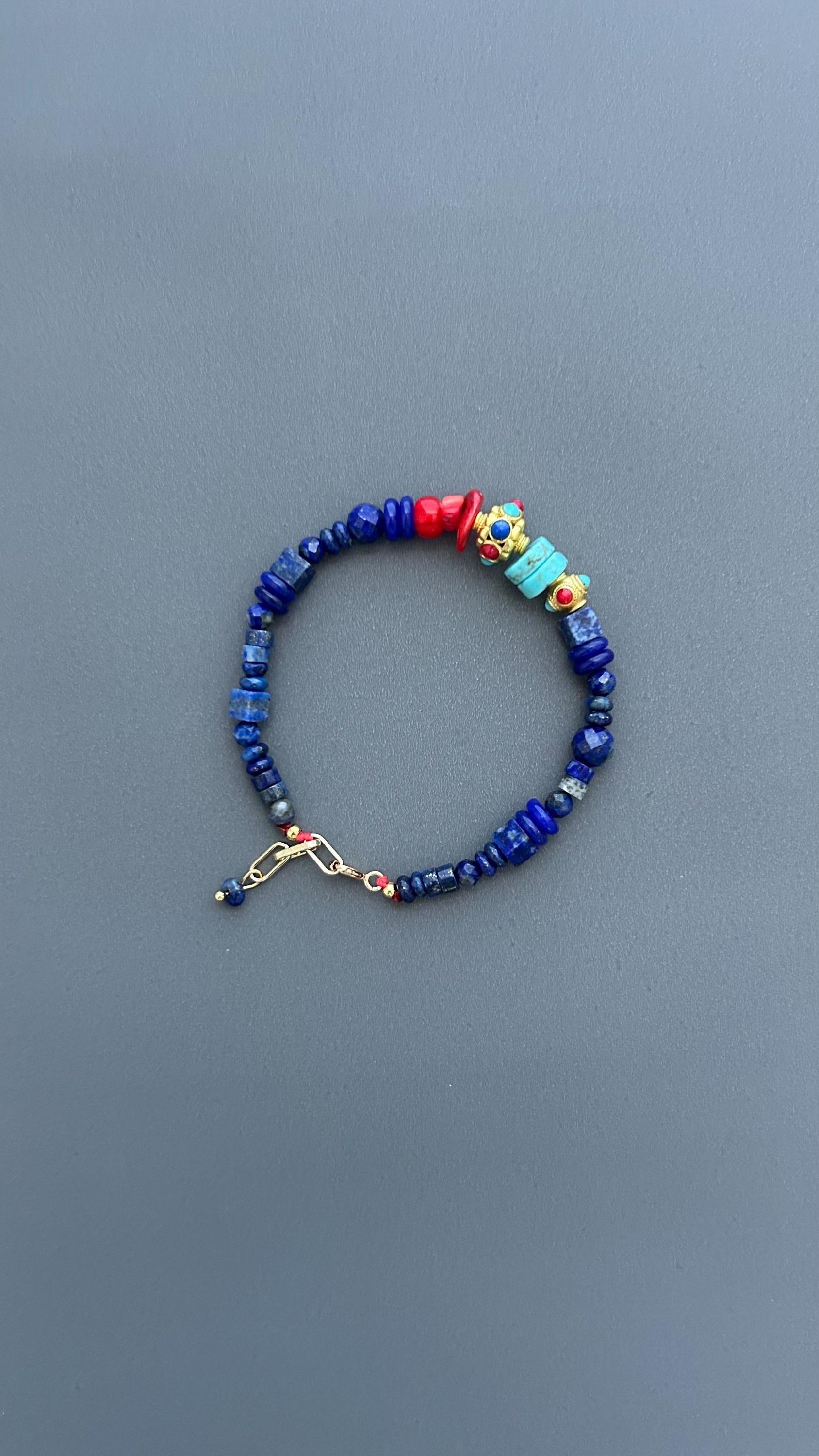Lapis Lazuli Bracelet with Turquoise and Red Coral | Bohemian Beaded Gemstone Jewelry | Handmade Tibetan Style Ethnic Tribal Clasp Cuff